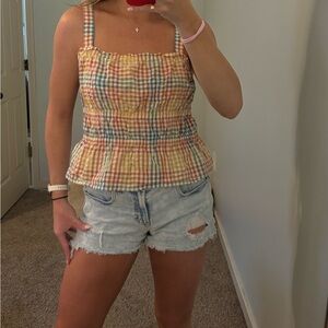 Madewell Multicolor Gingham Smocked Peplum Cami - Yellow, Blue, Cream